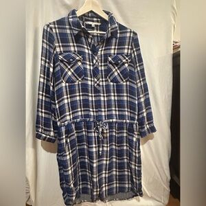 Max Studio Navy and White Plaid Shirt Dress